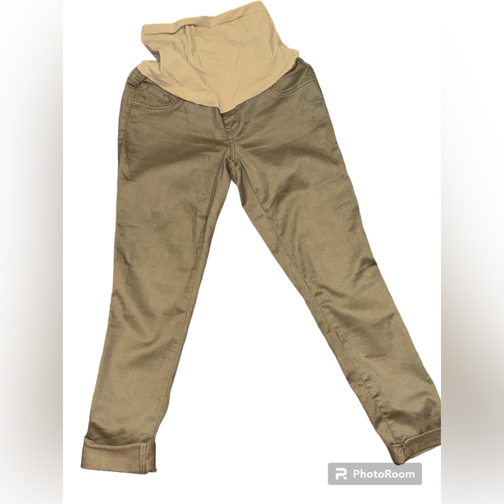 Two Hearts Maternity Skinny Pants in Khaki with Beige Waistband